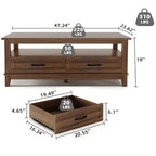 Farmhouse Coffee Table with Drawers, 47.2 Center Table Rustic Coffee Tables Brown Living Room Table, with Open Shelf and 6 Support Legs