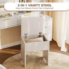 48 Fluted Makeup Vanity Desk with Mirror & LED Lights, Charging Station, Cushioned Storage Stool for Bedroom