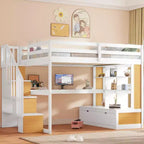 Full Size Loft Bed with Stairs and Desk, Wood Loft Beds Frame with Storage Drawers and Bookcase Shelves for Adults Teens Kids