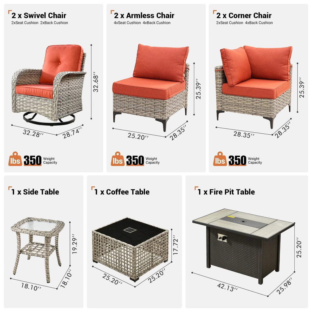 OVIOS 9 Pieces Outdoor Wicker Swivel Chair Set With Fire Table