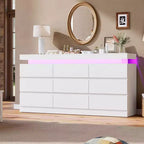 9 Drawer Dresser for Bedroom, Chest of Drawers with Charging Station & LED Lights, Double Wooden Closet Storage Cabinet, Modern Dresser TV Stand