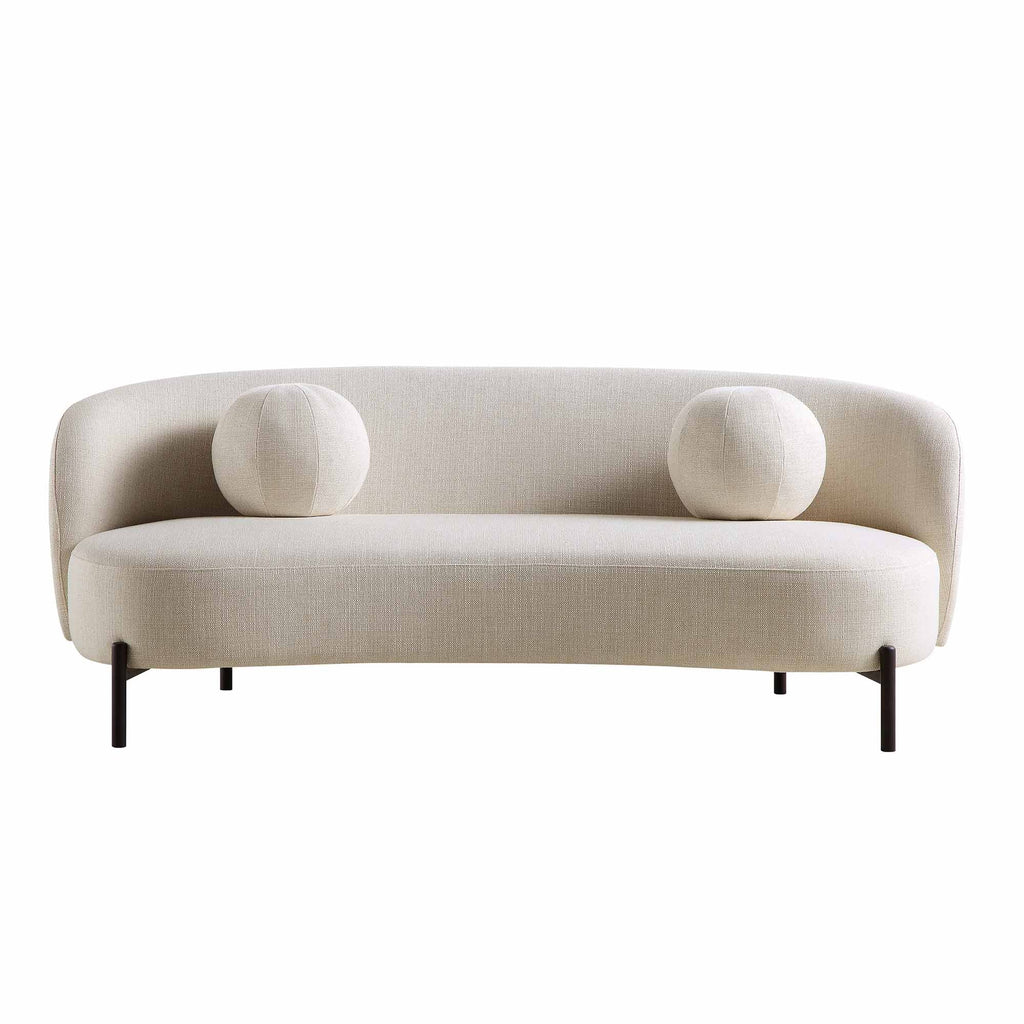 3-Seater Curved Sofa with Ball Cushions, Beige Linen Blend