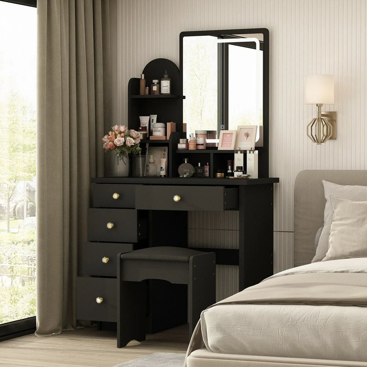Makeup Vanity Set Table With LED Light &Mirror & Stool