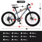 Okak 24IN Fat Tire Bike with Front Suspension, 7-Speed Mountain Bike with Disc Brake and High-Carbon Steel Frame, Trail Bike for Commuting
