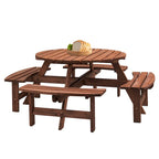 8-Person Outdoor Patio Fir Wood Round Picnic Dining Set with 4 Built-in Benches and Umbrella Hole
