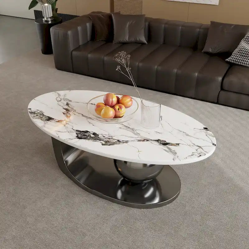 51 Modern Pandora Oval Coffee Table with Glossy Sintered stone top, Luxury Coffee Table, Stainless Steel Legs for Livingroom