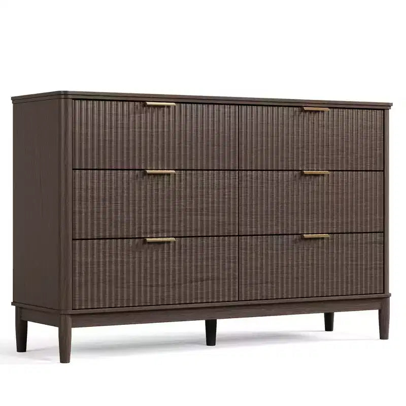 LINSY HOME Fluted 6 Drawer Dresser for Bedroom, Mid Century Modern Large Chest of Drawers with Gold Metal Handles, Wide Boho Wood Dressers