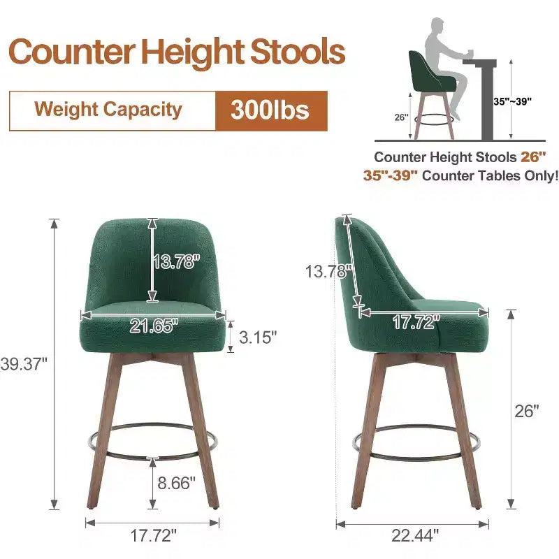 Bekrvio 26 Counter Height Swivel Bar Stools Set of 4 Backs and Wood Legs,Linen Fabric/PU Leather Upholstered Barstools for Kitchen Island