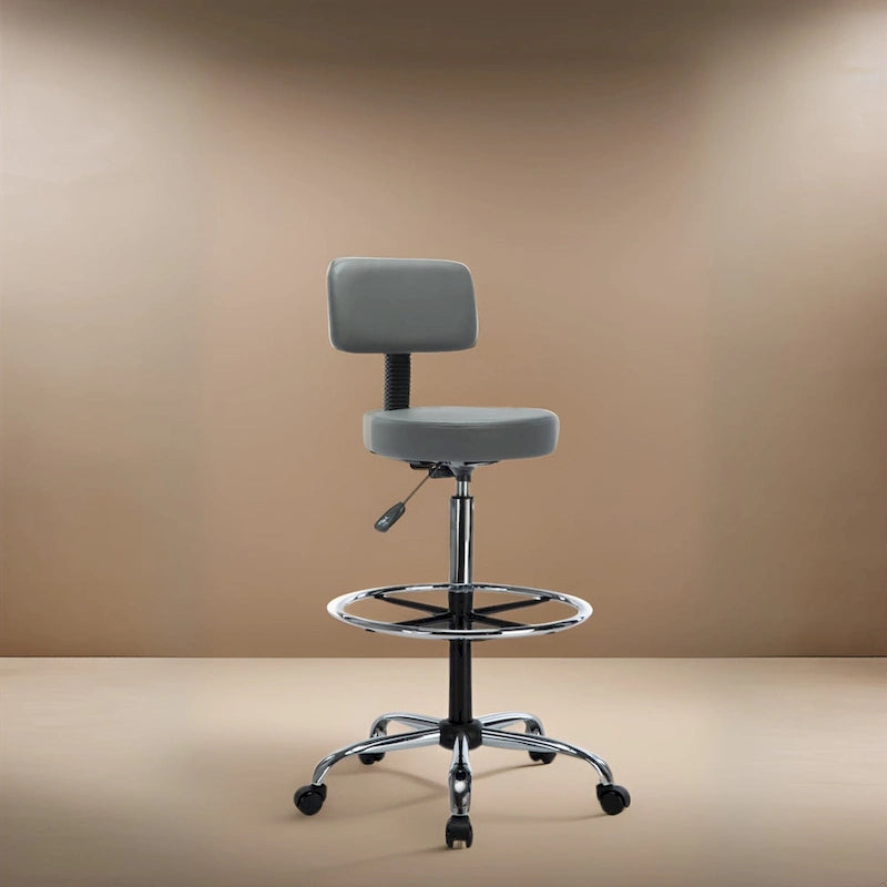 Height Adjustable Drafting Stool - With Premium Leather, Rolling Wheels