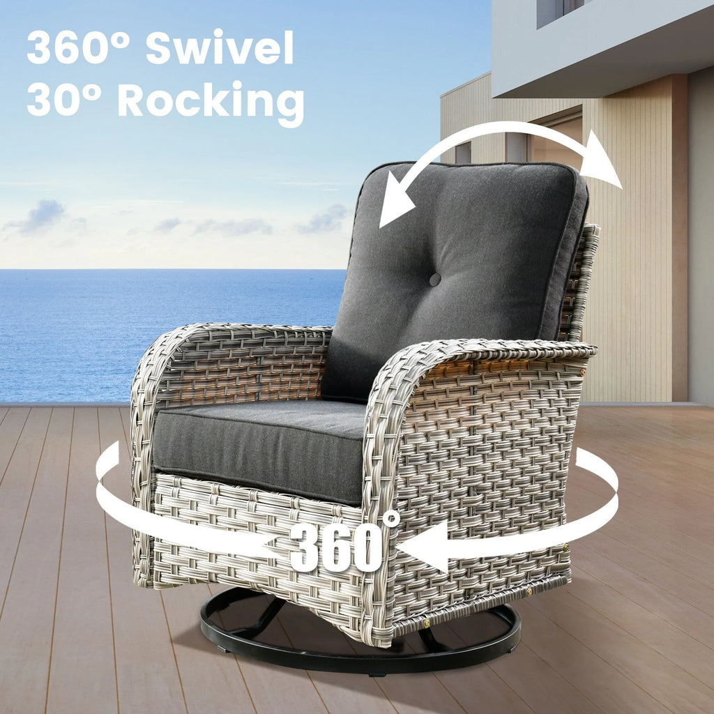 OVIOS 9 Pieces Outdoor Wicker Swivel Chair Set With Fire Table