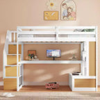 Full Size Loft Bed with Stairs and Desk, Wood Loft Beds Frame with Storage Drawers and Bookcase Shelves for Adults Teens Kids