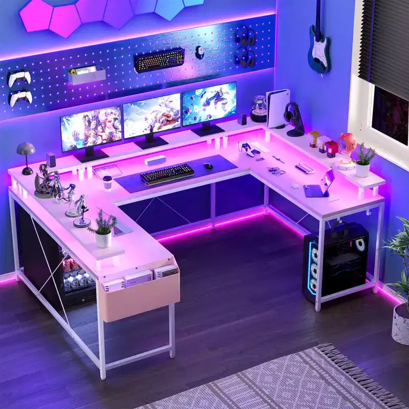 COZONY 78 U/L Shaped Gaming Desk, Reversible Computer Desk with Power Outlets, LED Lights, Monitor Stand & Storage Shelf, Corner Desk for Home Office