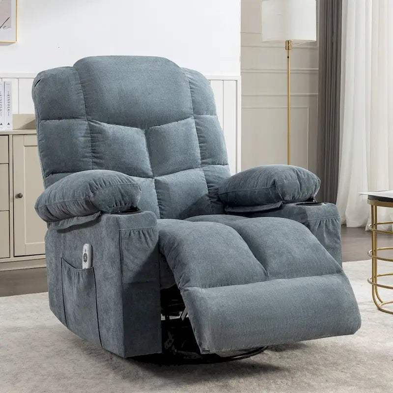 Grey Oversized Recliner with Heat and Massage, 150 Recline, 30 Rocking, USB Charging, and 2 Cup Holders