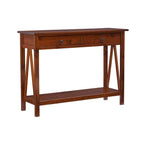 Antique Tobacco Brown Wood Console Table with Drawer and Open Shelf