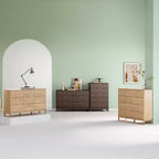 LINSY HOME Fluted 6 Drawer Dresser for Bedroom, Mid Century Modern Large Chest of Drawers with Gold Metal Handles, Wide Boho Wood Dressers