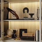 Famapy Bookcase Gray Oak Glass Display Cabinet wLED Light Strip, Tall Bookshelf with Doors Curio Storage Cabinet