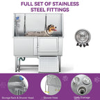 50 W Stainless Steel Adjustable Pet Grooming Tub with Steps Ramp