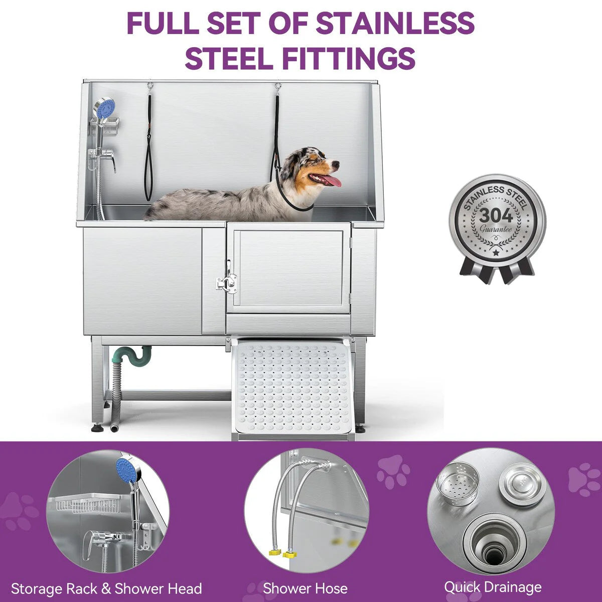 50 W Stainless Steel Adjustable Pet Grooming Tub with Steps Ramp