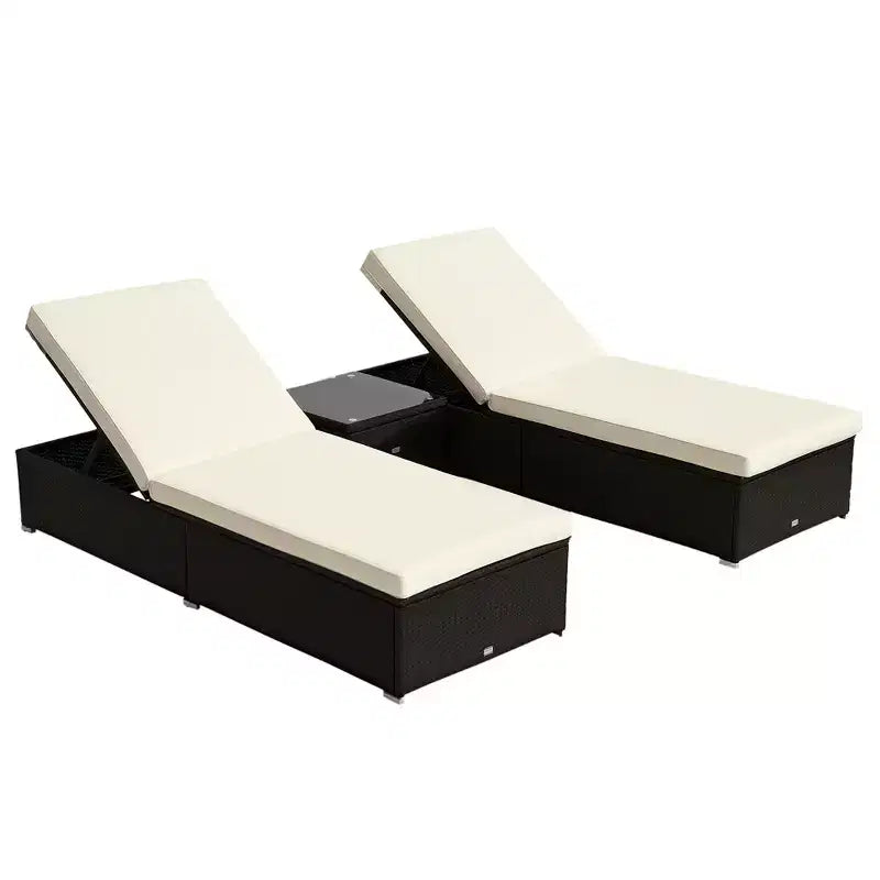 Chaise Lounge Chair Set of 2 with 5 Angle Backrest, Outdoor Coffee Table, Water Repellent Cushions, PE Rattan Wicker Poolside Chairs