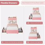 Bed frame with storage headboard, childrens bed frame with 2 drawers, fabric upholstered platform bed, contoured headboard with bookshelf