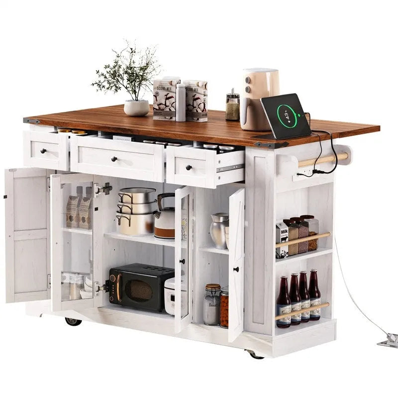 Kitchen Island w/Drop Leaf, 3 Drawers & 5 Open Side Racks, Rolling Kitchen Cart w/ 2 Tempered Glass Cabinet Doors & Power Outlet