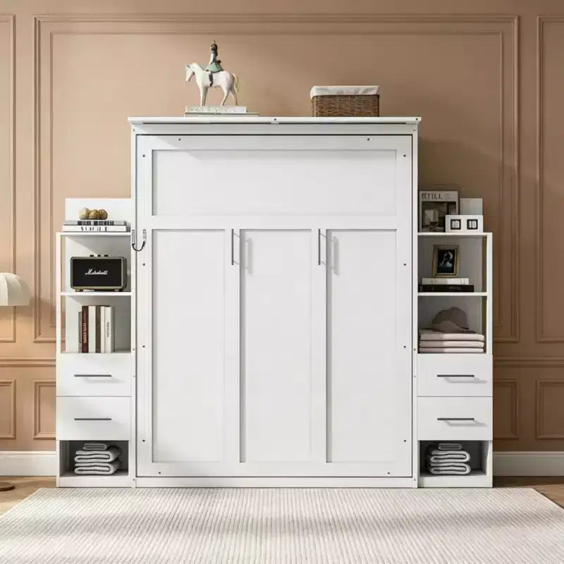 Luxystar Queen Murphy Bed with Storage Shelves, 4 Drawers and Lights