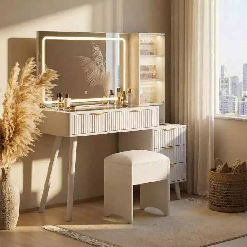 48 Fluted Makeup Vanity Desk with Mirror & LED Lights, Charging Station, Cushioned Storage Stool for Bedroom