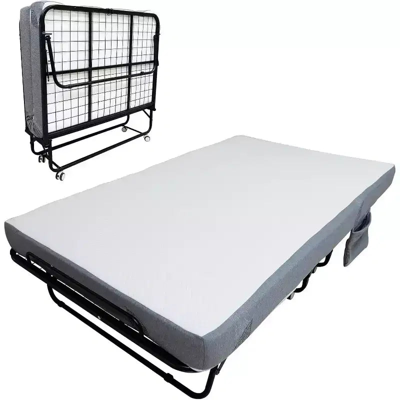 Folding Bed with Mattress for Adults,Portable Rollaway Guest Beds , Foldable Metal Frame Bed with 5 Memory Foam Mattress & Side Storage Pocket