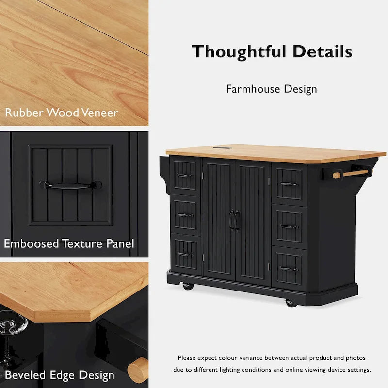 Expandable Drop-Leaf Kitchen Island, Kitchen Cart on 4 Wheels with Power Outlet, Moveable Island Table with 2 Door & 6 Drawers