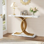 Black/ Gold Modern Sofa Table with Faux Marble Tabletop, 39 Inches Wood Foyer Table with Geometric Metal Legs for Entryway