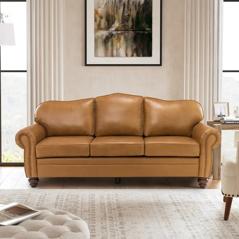 Balvino 81 Wide Transitional Genuine Leather Rolled Arm Sofa with Nailhead Trim and Removable Cushions