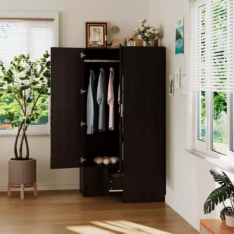 Hitow Minimalist Armoire Corner Wardrobe Double Door and Drawer Designs