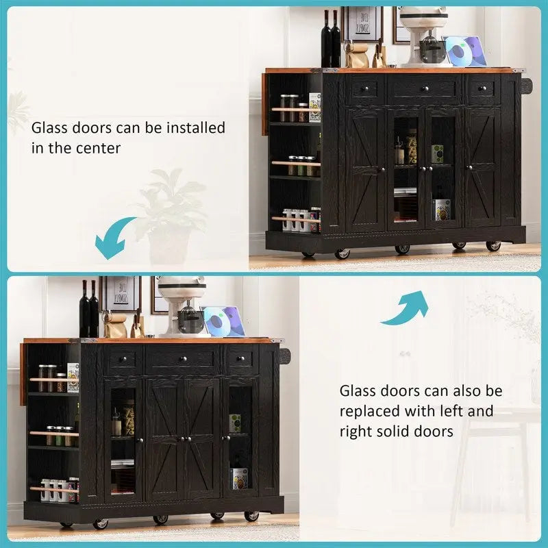 Kitchen Island w/Drop Leaf, 3 Drawers & 5 Open Side Racks, Rolling Kitchen Cart w/ 2 Tempered Glass Cabinet Doors & Power Outlet