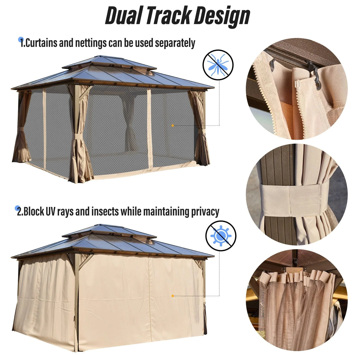 EROMMY Hardtop Gazebo,Outdoor Pergola with Double Roof & Netting & Curtains,Heavy Duty Canopy for Patio, Backyard, Pool party
