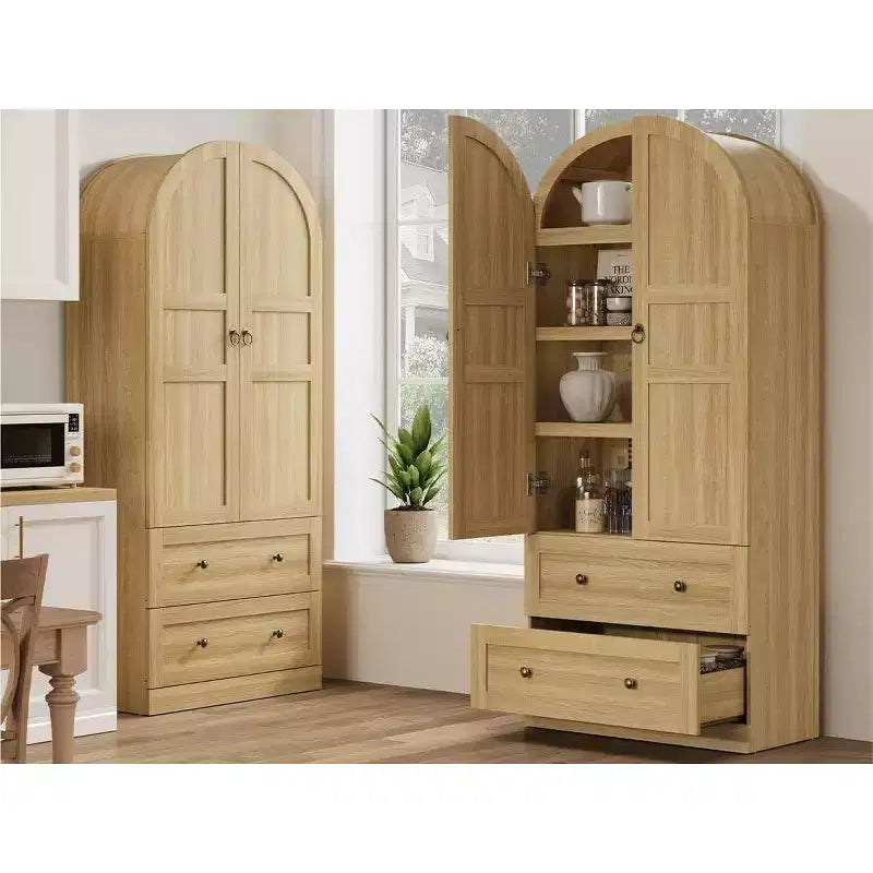 71 High Arched Bookcase, Wooden Arched Bookshelf With Doors and Drawers, Large Arched Display Bookcase With Storage, Suitable for Office Living Room
