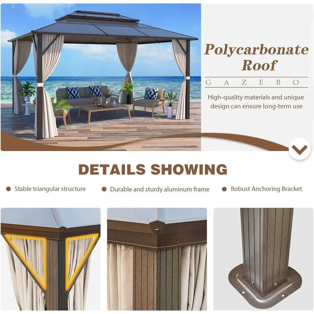 EROMMY Hardtop Gazebo,Outdoor Pergola with Double Roof & Netting & Curtains,Heavy Duty Canopy for Patio, Backyard, Pool party