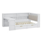 L-shaped Wooden Sofa Daybed with Desk, Bookcase Cabinet, Corner Bed with Under-bed Drawers, Upholstered Headboard Built-in Light