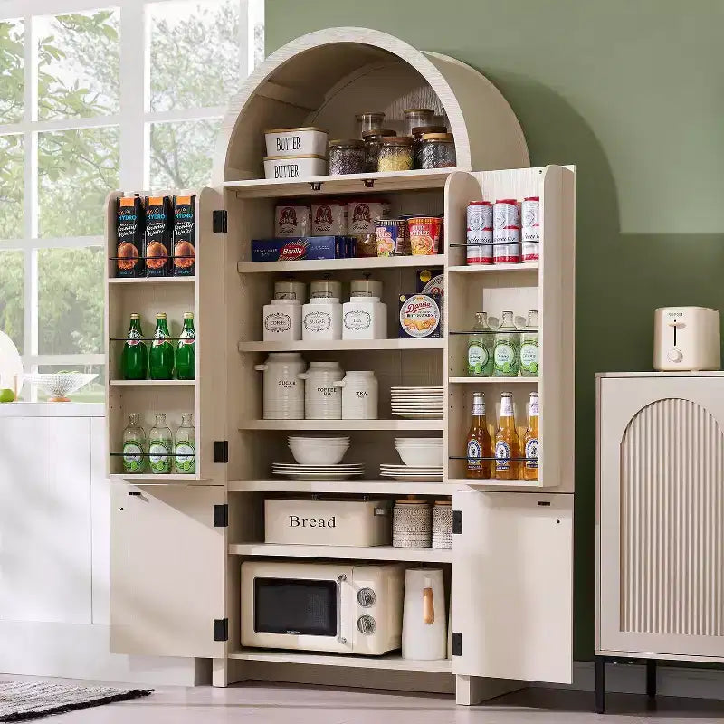 71 Tall Arched Kitchen Pantry, Modern Storage Cabinet with 3 Adjustable Shelves, 6 Door Shelves, for Kitchen, Living Room