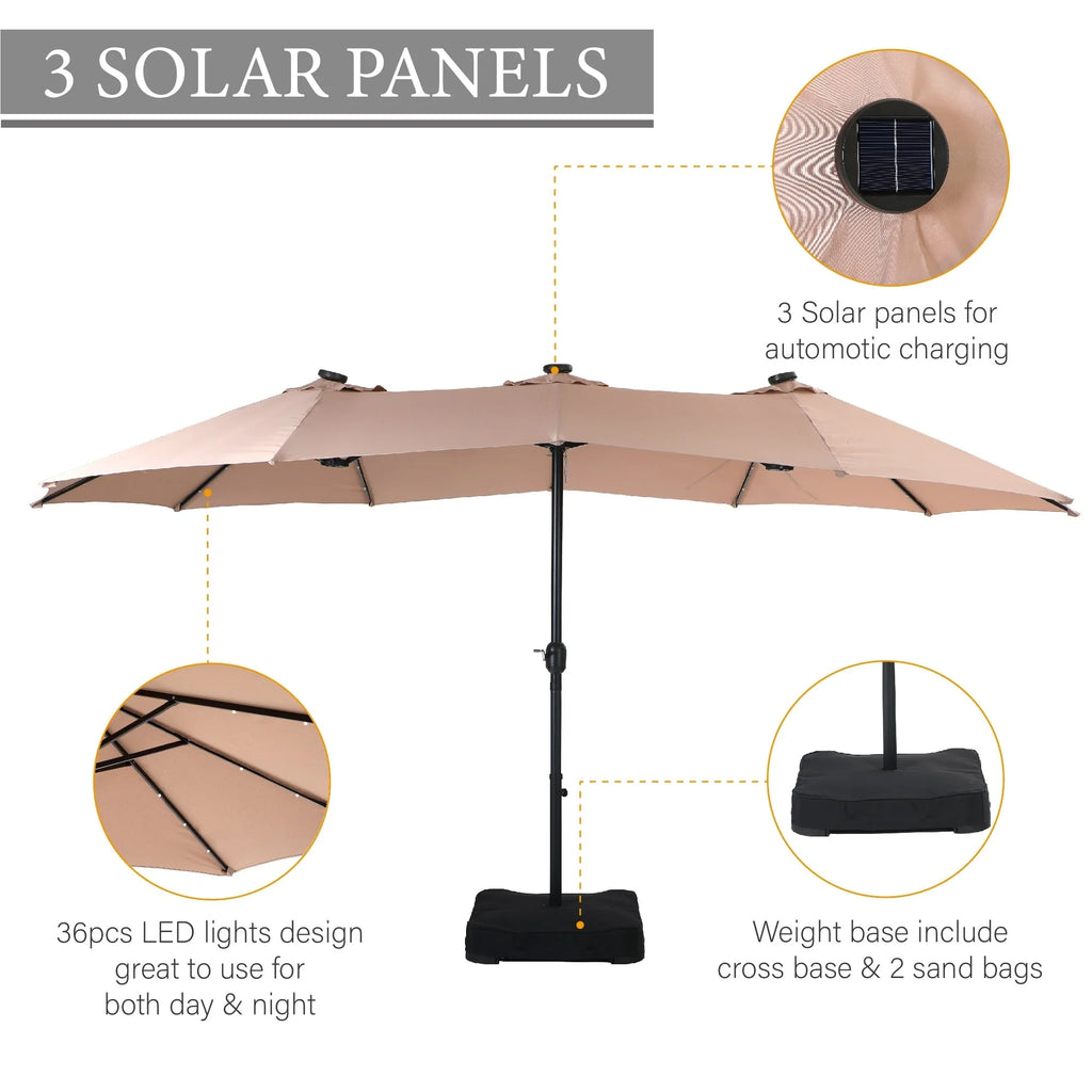 15-foot Rectangular Crank Double-sided Outdoor Market Umbrella Solar LED Lighted Patio Umbrella with Base Included