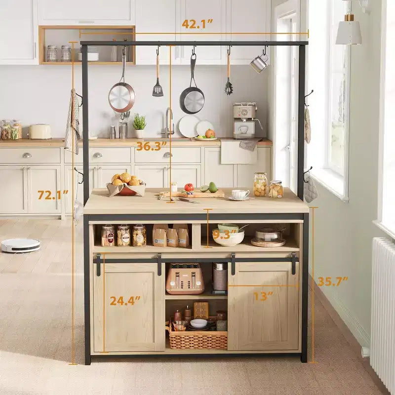 Kitchen Island , Bakers Rack with Sliding Barn Door 42 Large Kitchen Island Table with 3-Tier Microwave Stand Oven Shelves Coffee Bar Table Set