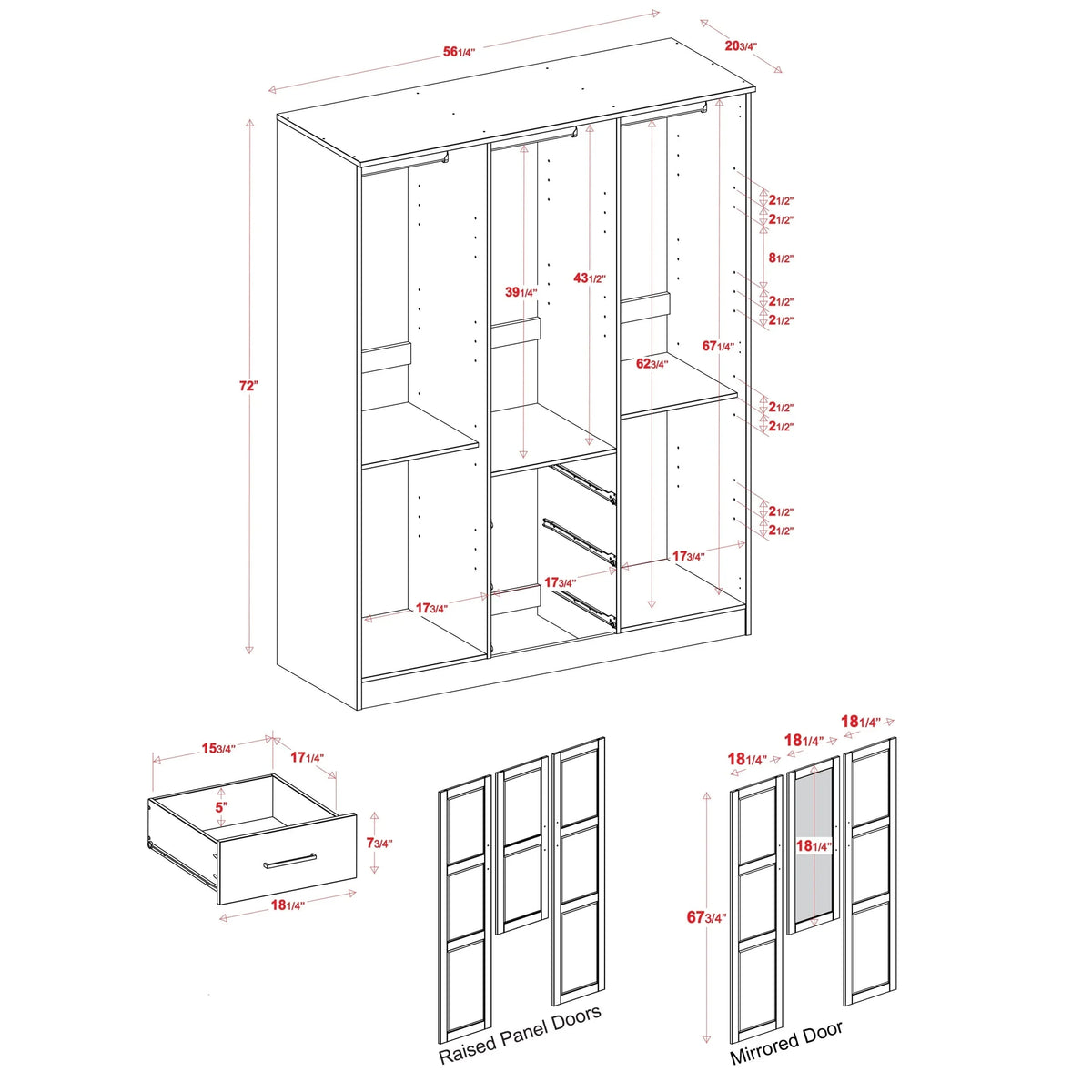 Palace Imports 100% Solid Wood Cosmo 3-Door Wardrobe Armoire with Solid Wood or Mirrored Doors