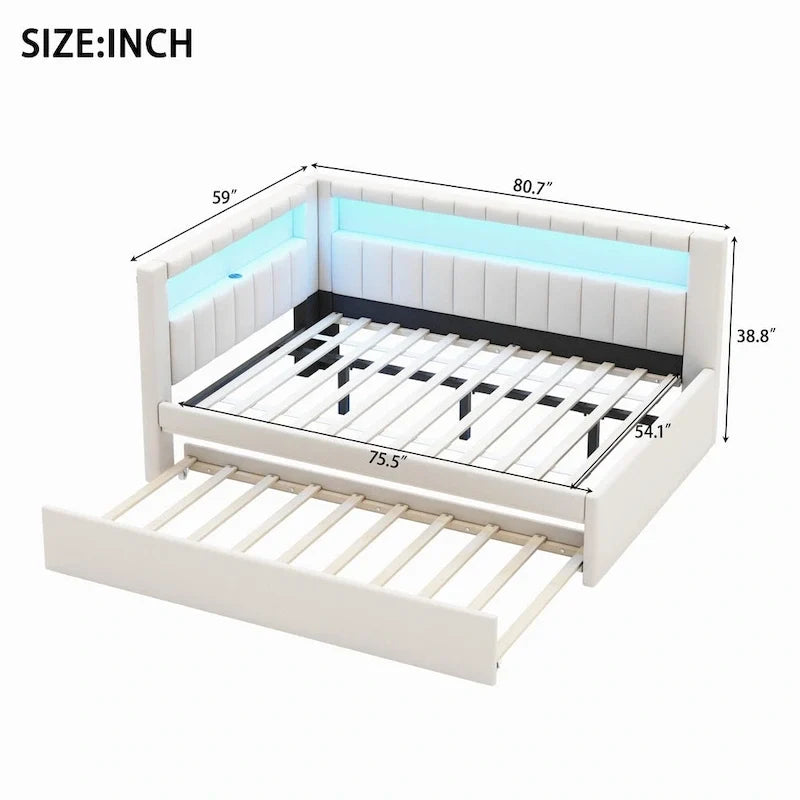 Upholstered Platform Bed with USB Ports & LED Lighting - Full/Twin Size Bed Frame with 2 Storage Drawers - Modern Bedroom