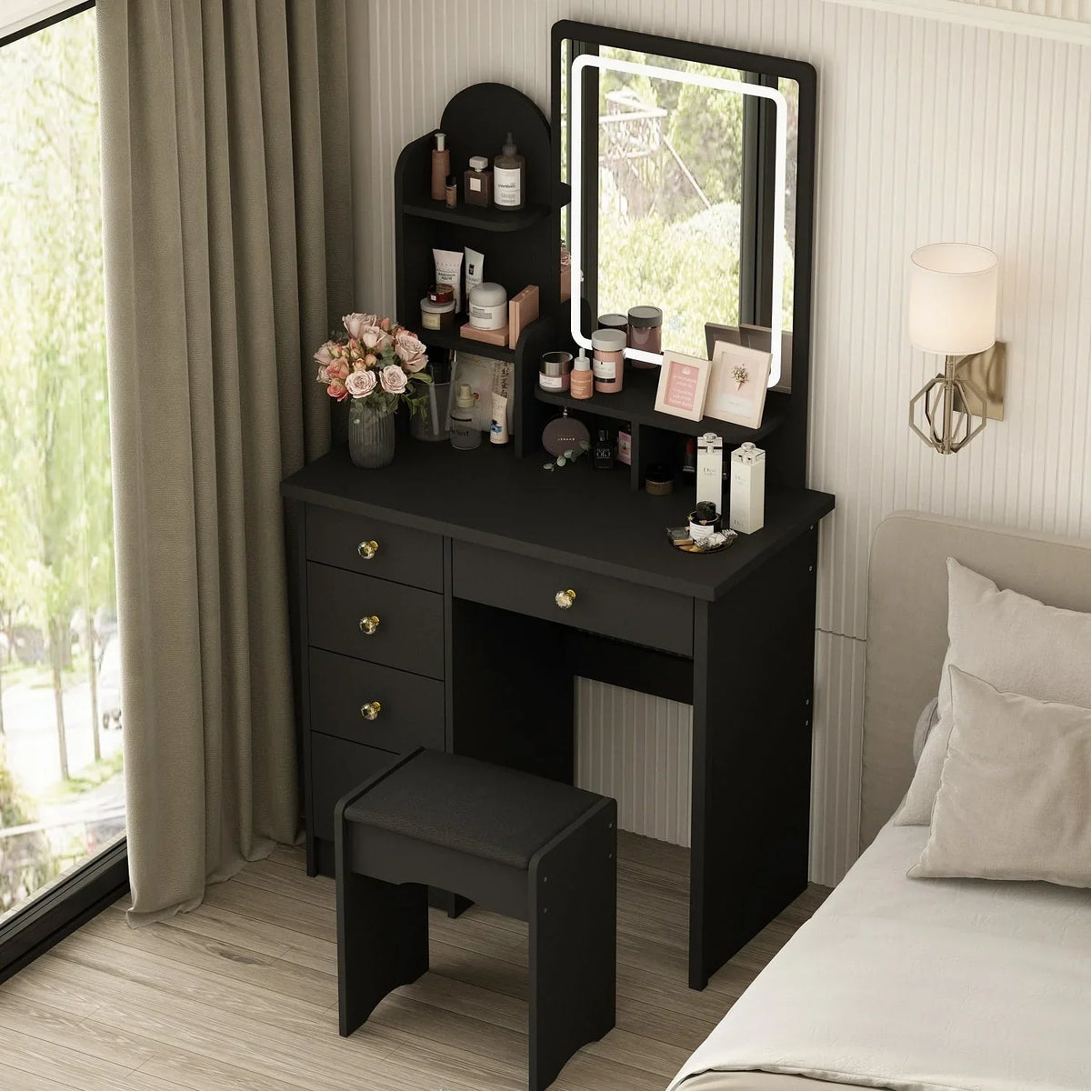 Makeup Vanity Set Table With LED Light &Mirror & Stool