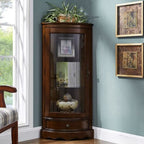 Classic Brown Rubberwood Corner Cabinet with Glass Door