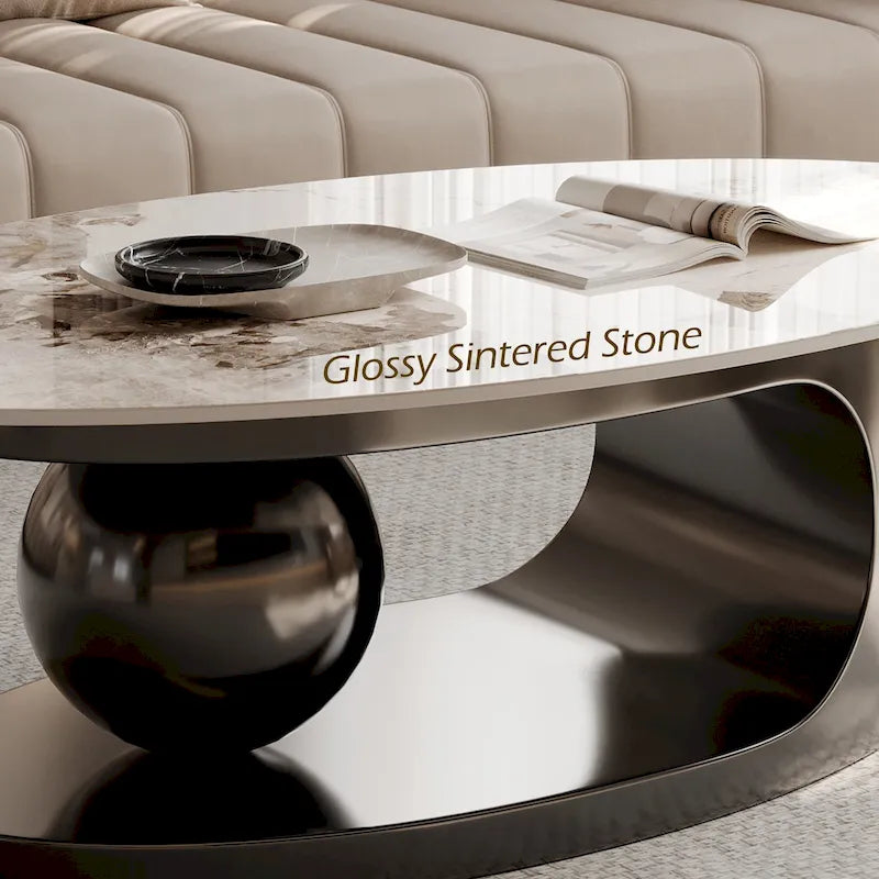 51 Modern Pandora Oval Coffee Table with Glossy Sintered stone top, Luxury Coffee Table, Stainless Steel Legs for Livingroom