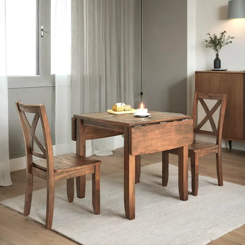 3-Piece Wood Drop Leaf Breakfast Nook Dining Table Set with 2 X-back Chairs for Small Places