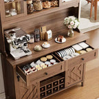 72 Farmhouse Bar Cabinet with Sliding Barn Door  Large Kitchen Buffet with Hutch, Charging Station, 2 Drawers & 8 Storage Shelves  Coffee
