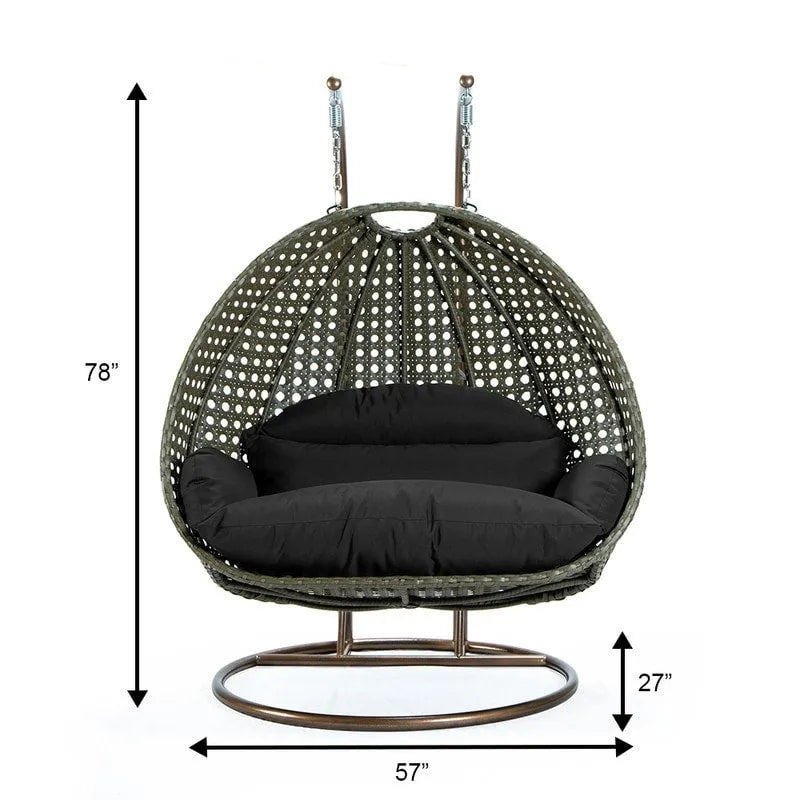 LeisureMod 2 Person Hanging Egg Chair with Stand - Outdoor/Indoor Rattan Wicker Patio Swing Hammock Lounger with Cushions