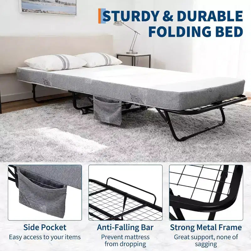 Folding Bed with Mattress for Adults,Portable Rollaway Guest Beds , Foldable Metal Frame Bed with 5 Memory Foam Mattress & Side Storage Pocket