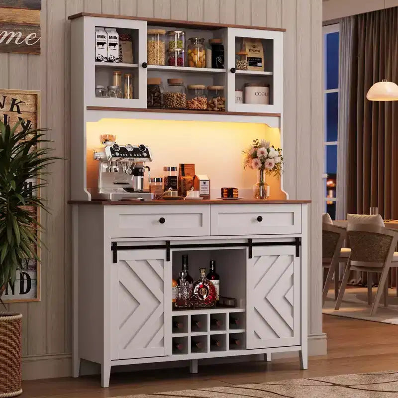 72 Farmhouse Bar Cabinet with Sliding Barn Door  Large Kitchen Buffet with Hutch, Charging Station, 2 Drawers & 8 Storage Shelves  Coffee